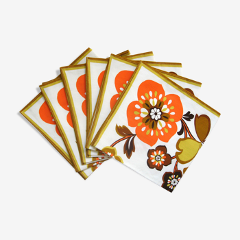 6 serviettes de table en coton, motifs fleurs orange et marron sur fond blanc - vintage années 70