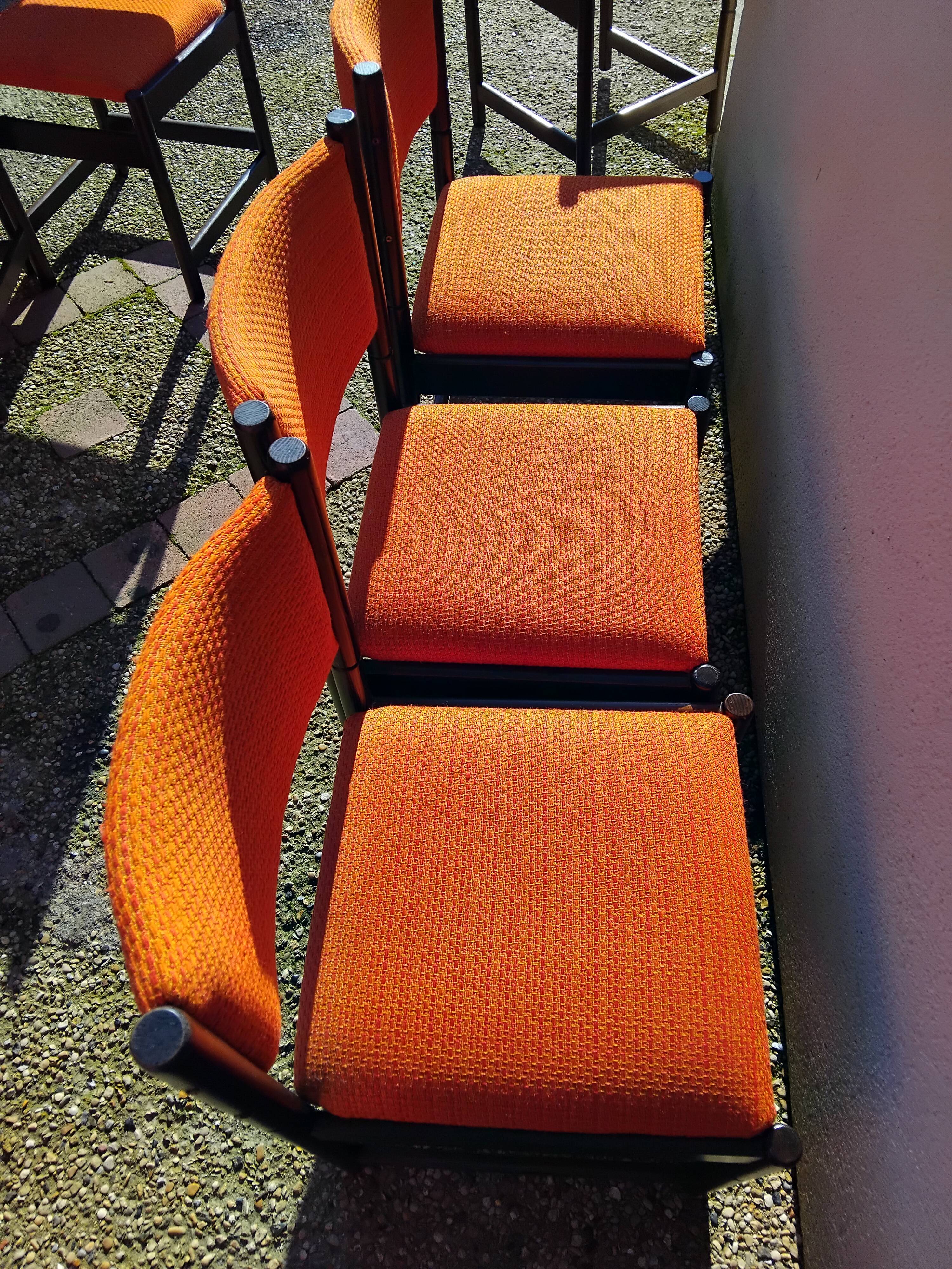 6 vintage wooden and orange fabric chairs