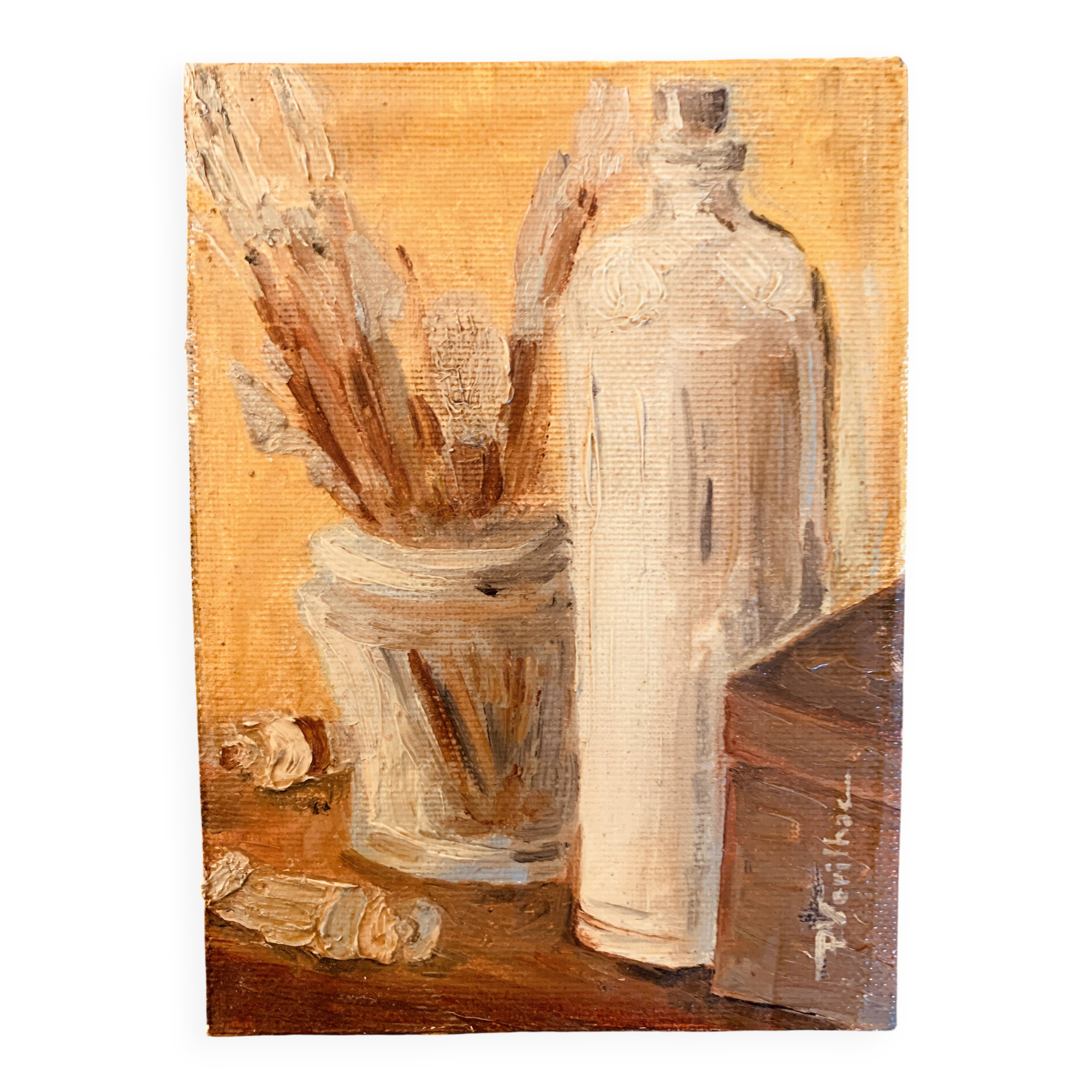 Small signed painting, oil on cardboard canvas, still life "studio"