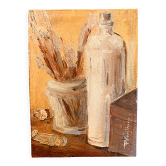 Small signed painting, oil on cardboard canvas, still life "studio"
