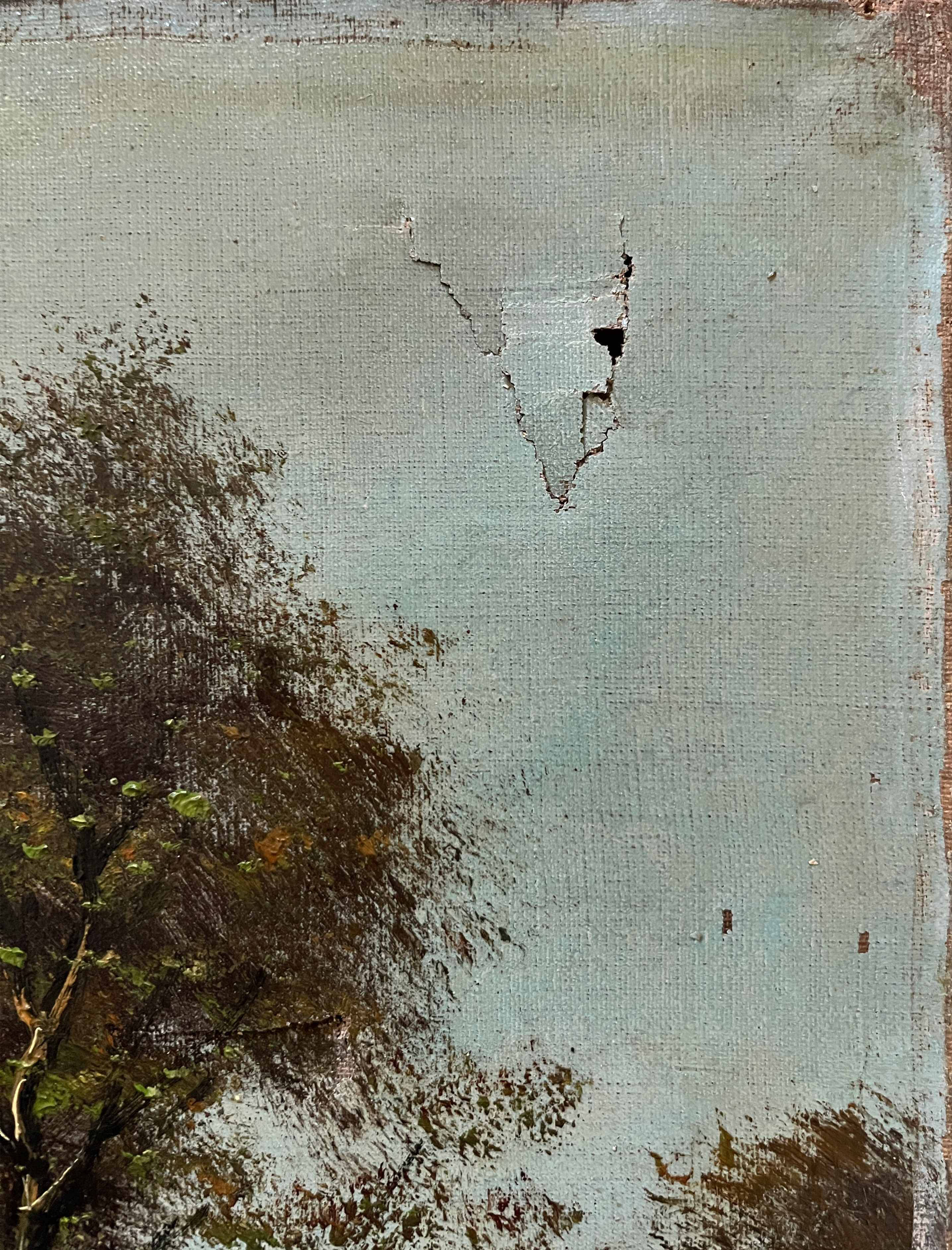 Table pendant of HST "Barbizon Landscape" signed (?) for restoration.