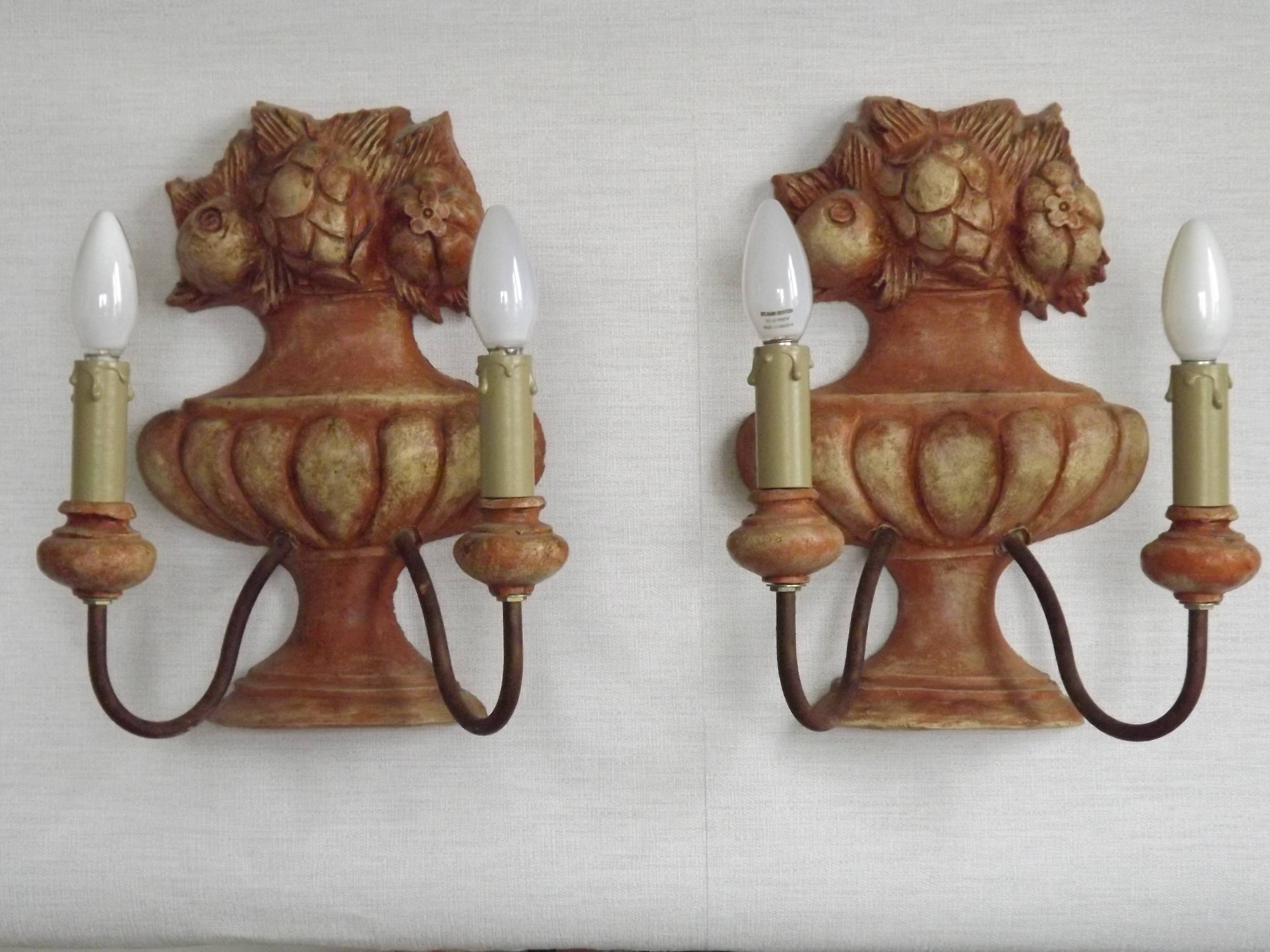 Rare Large Pair of French Terracotta Urn Fruit Basket Double Wall Lights