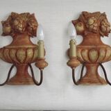 Rare Large Pair of French Terracotta Urn Fruit Basket Double Wall Lights