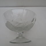 vintage cut on transparent glass/crystal stand, frosted rose patterns in relief