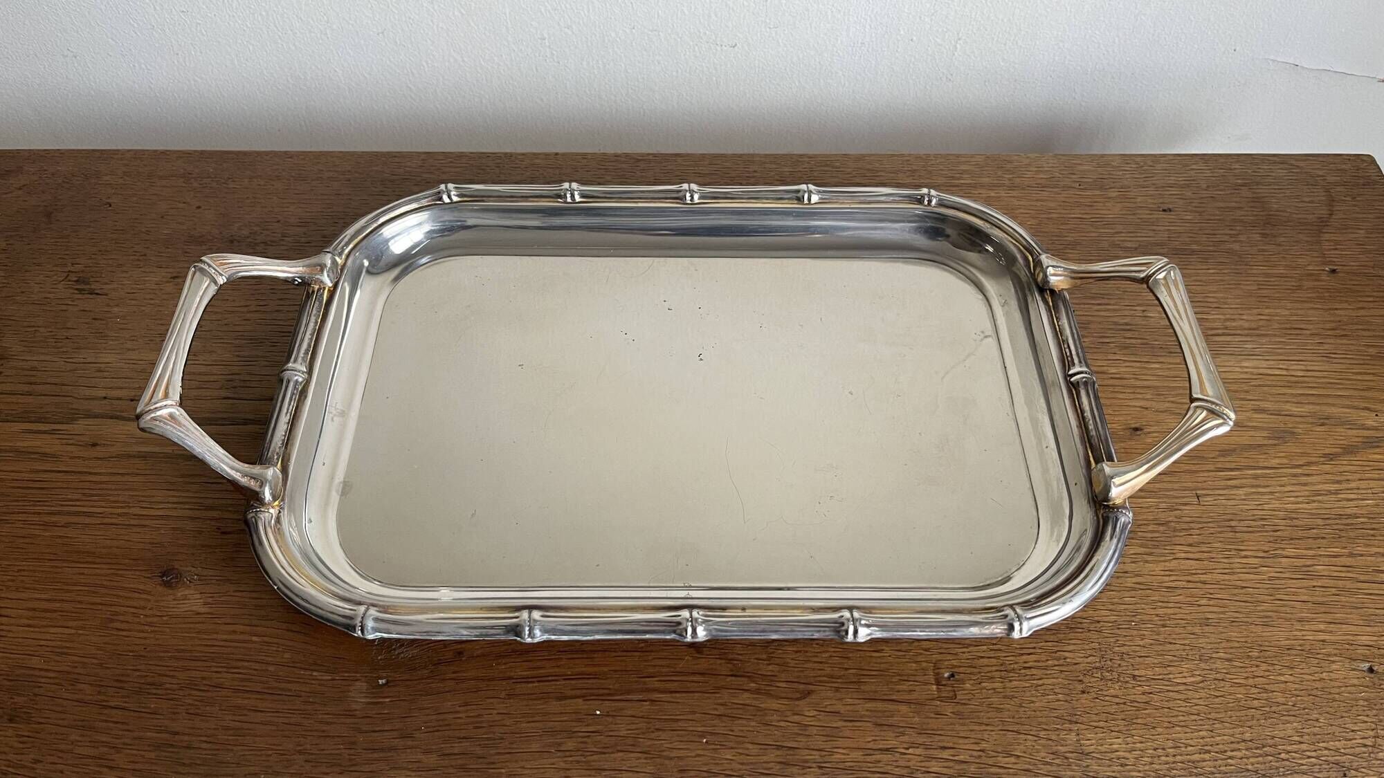 Silver-plated faux bamboo tray USA 1970 Hollywood Regency