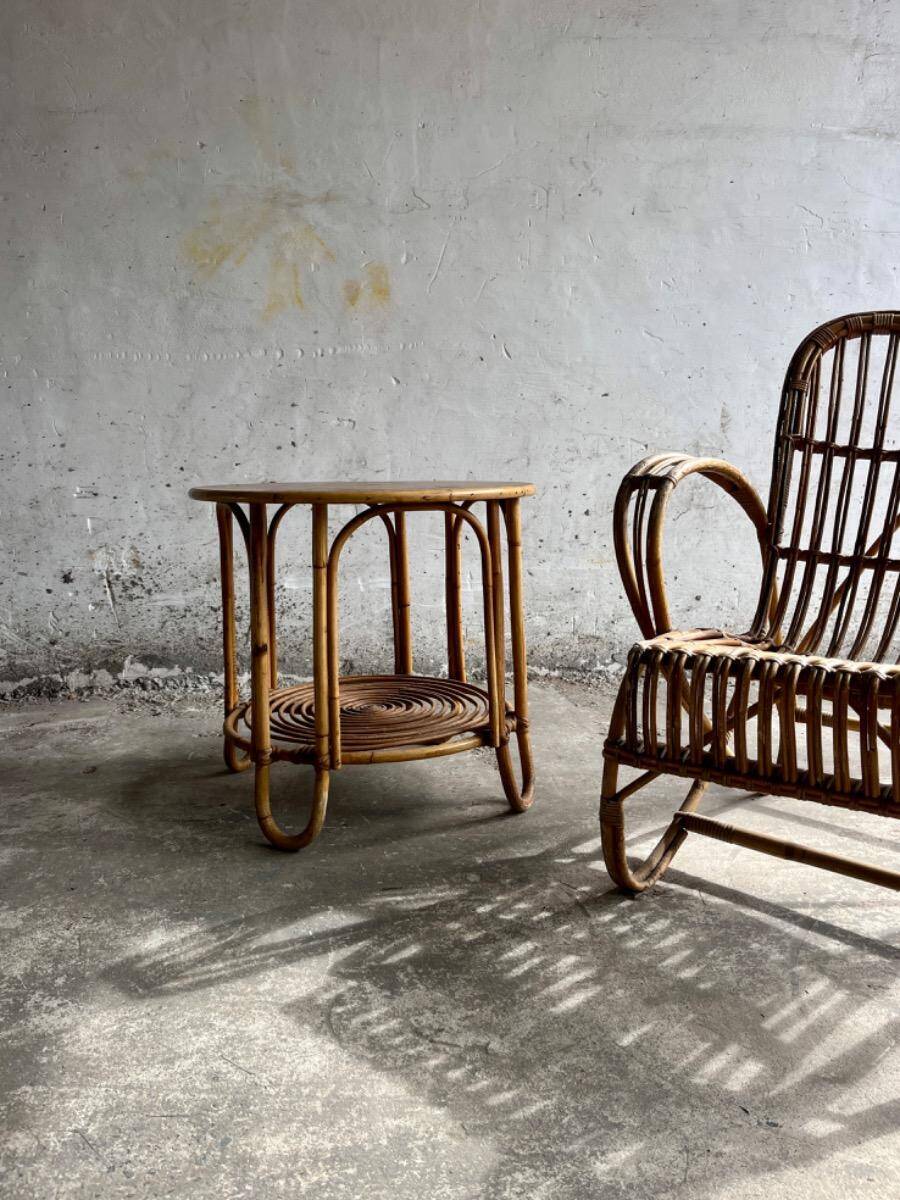 Pair of natural rattan lounge chairs with matching round table — brown mid-century boho set