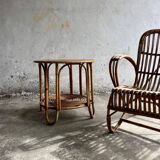 Pair of natural rattan lounge chairs with matching round table — brown mid-century boho set