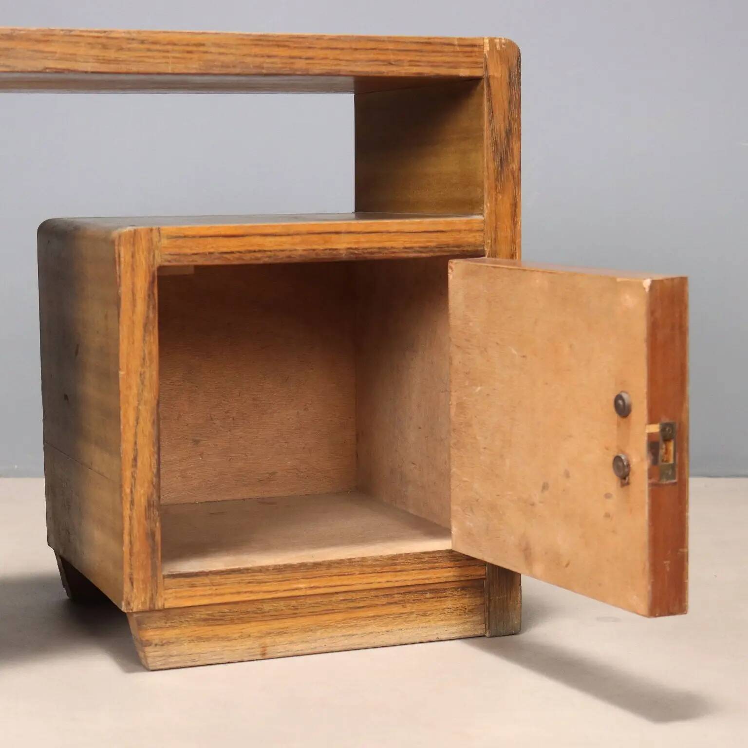 Vintage bedside table in exotic wood veneer, 1930s-1940s design.