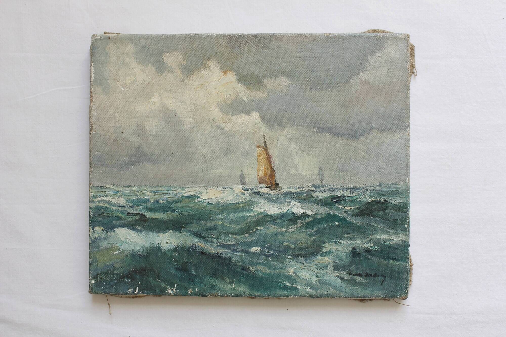 Old painting oil on marine canvas signed, early twentieth century