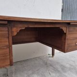 Louis XVI style minister's desk in solid walnut, 4 drawers, old manufacture