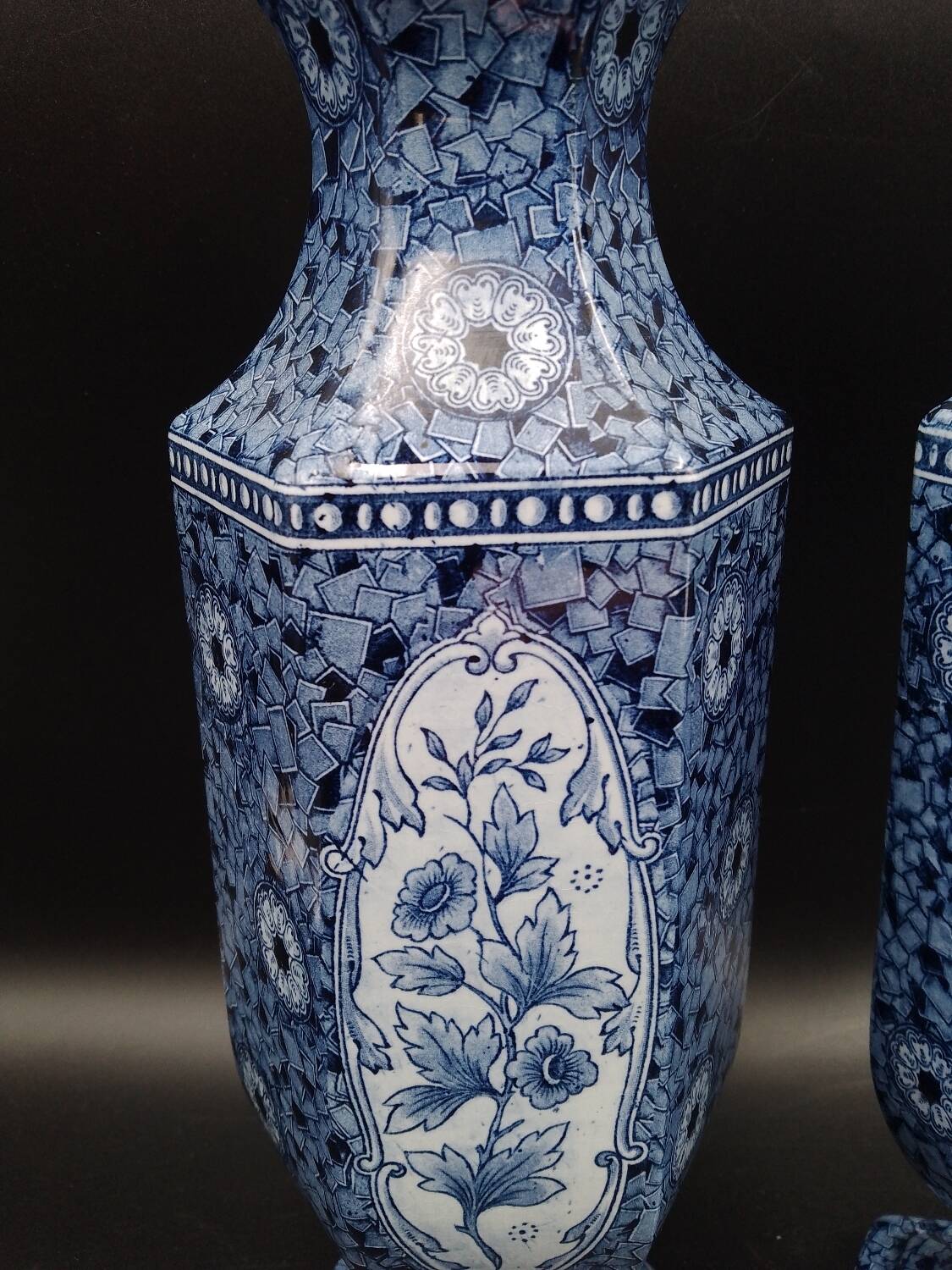 Antique 19th century Delft pair of hexagonal vases - Petrus Regout Maestricht