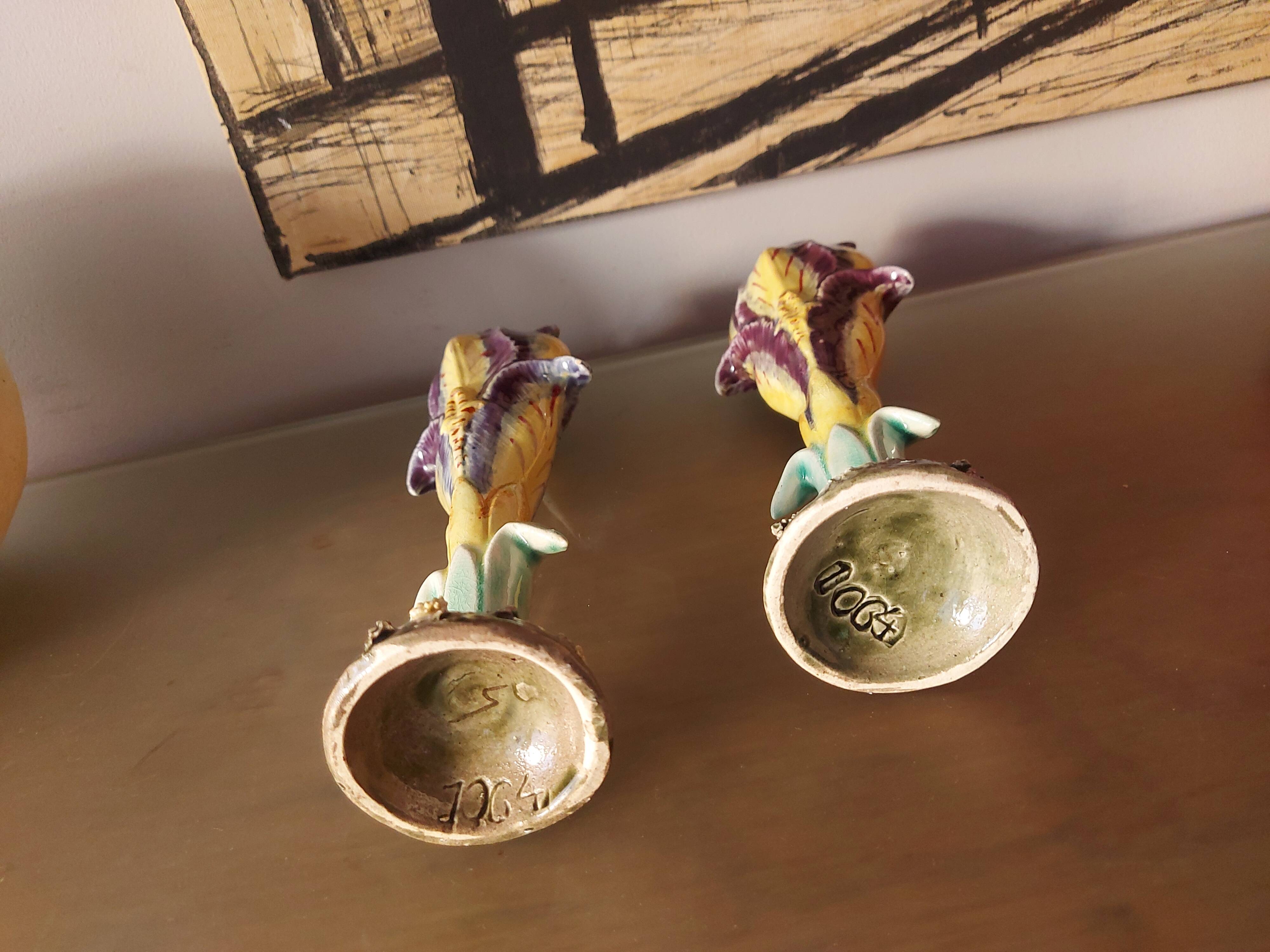 Pair of art nouveau slip vases, soliflore, iris