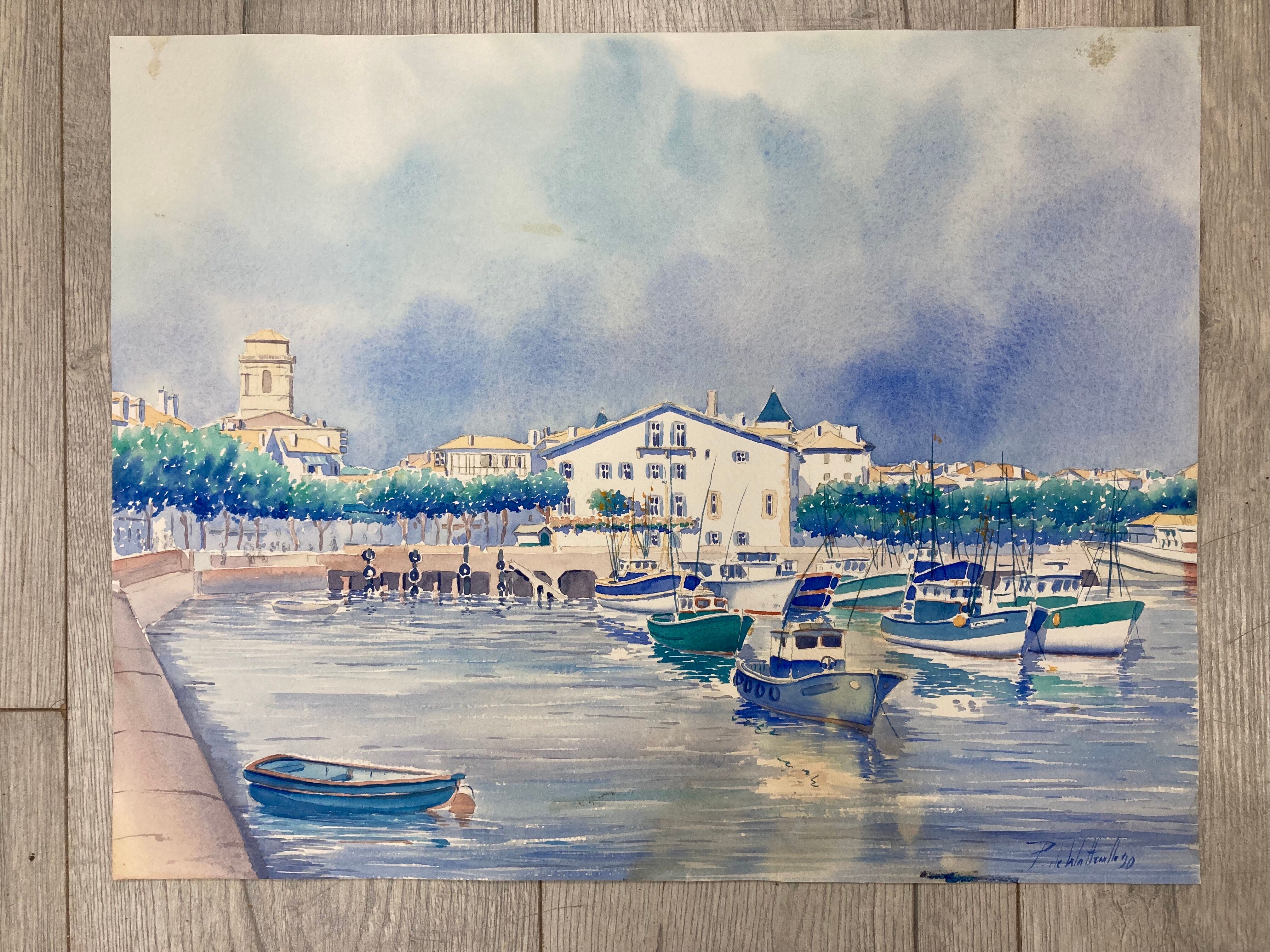 Aquarelle Marine Vintage Port de Saint-Jean-de-Luz