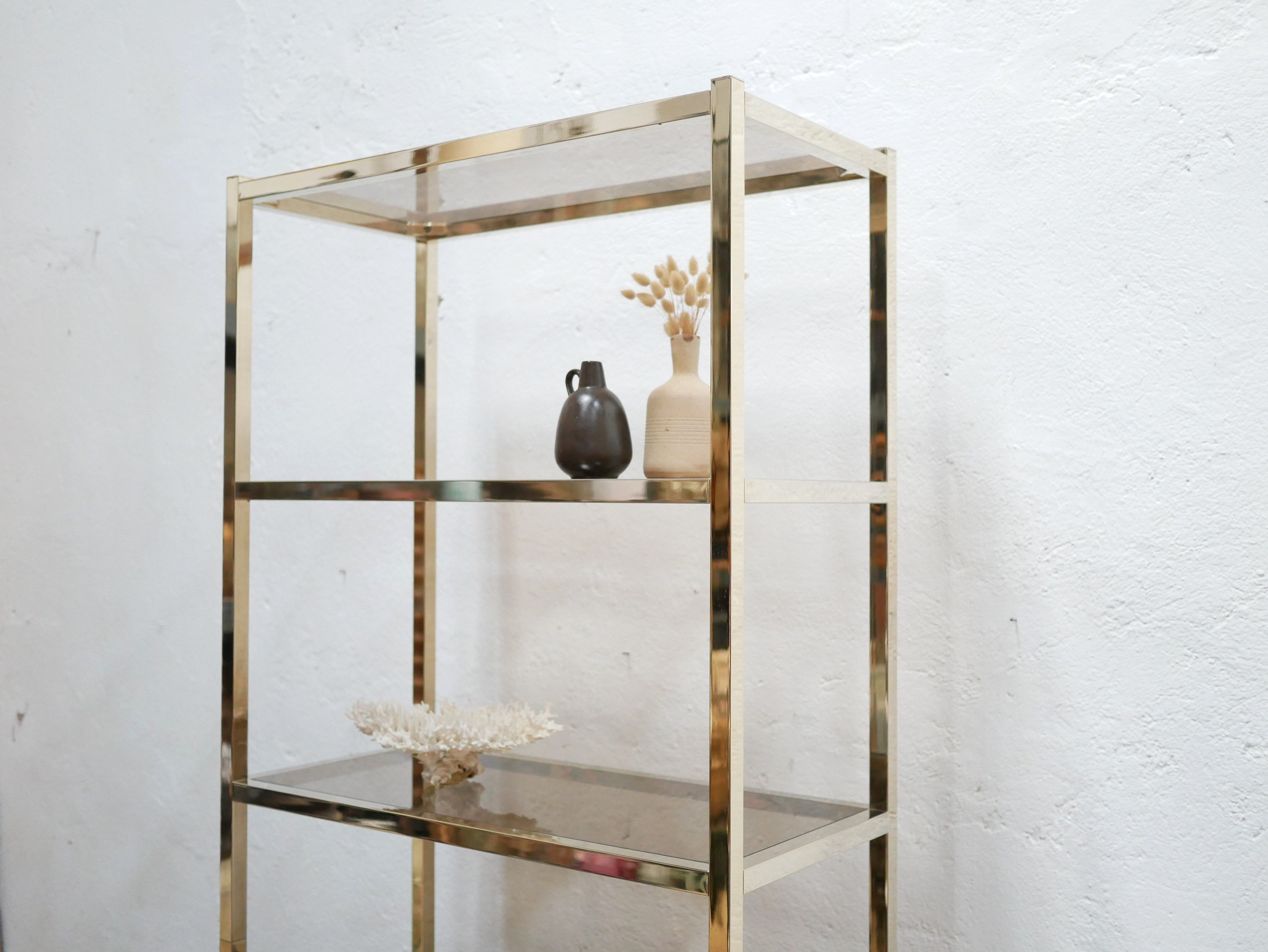 Bookcase vintage shelf in brass and smoked glass