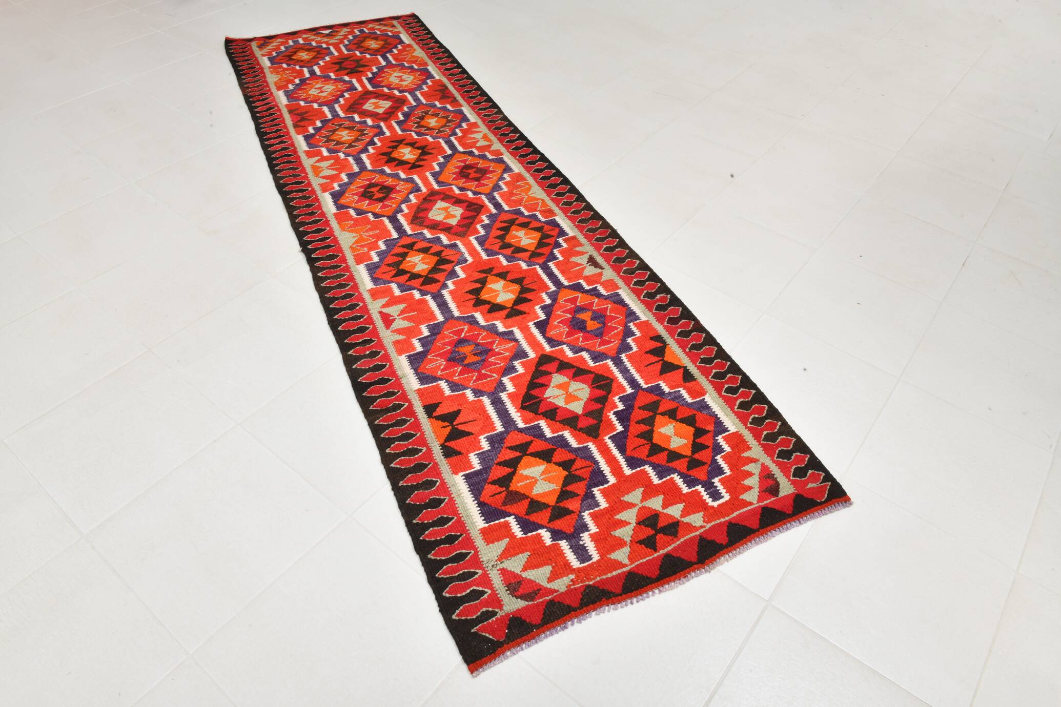 Vintage Orange & Blue Tribal Kilim Runner Rug, 95x320Cm