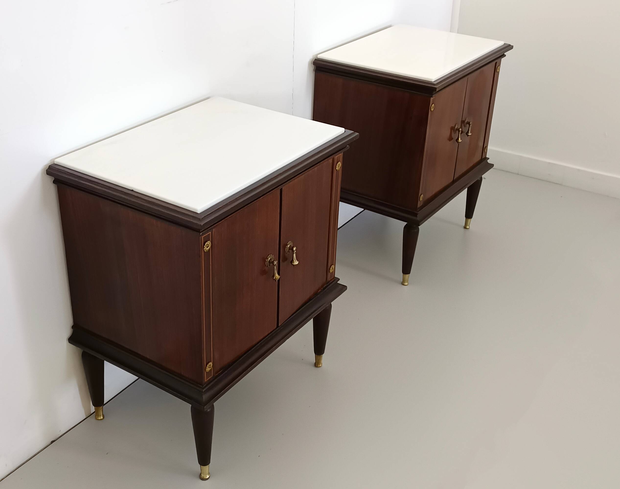 Pair of Black Walnut Nightstands with Marble Top ascr. to Paolo Buffa, Ita