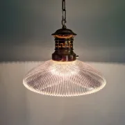 Art Deco glass pendant light with ribbed transparent design, 1920-30.