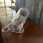 Transparent crystal pitcher, mid-century Hungarian, conical silhouette, sculptural handle and cut decoration.