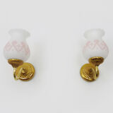 Pair of gooseneck wall sconces in gilded metal, white opaline with pink decorations