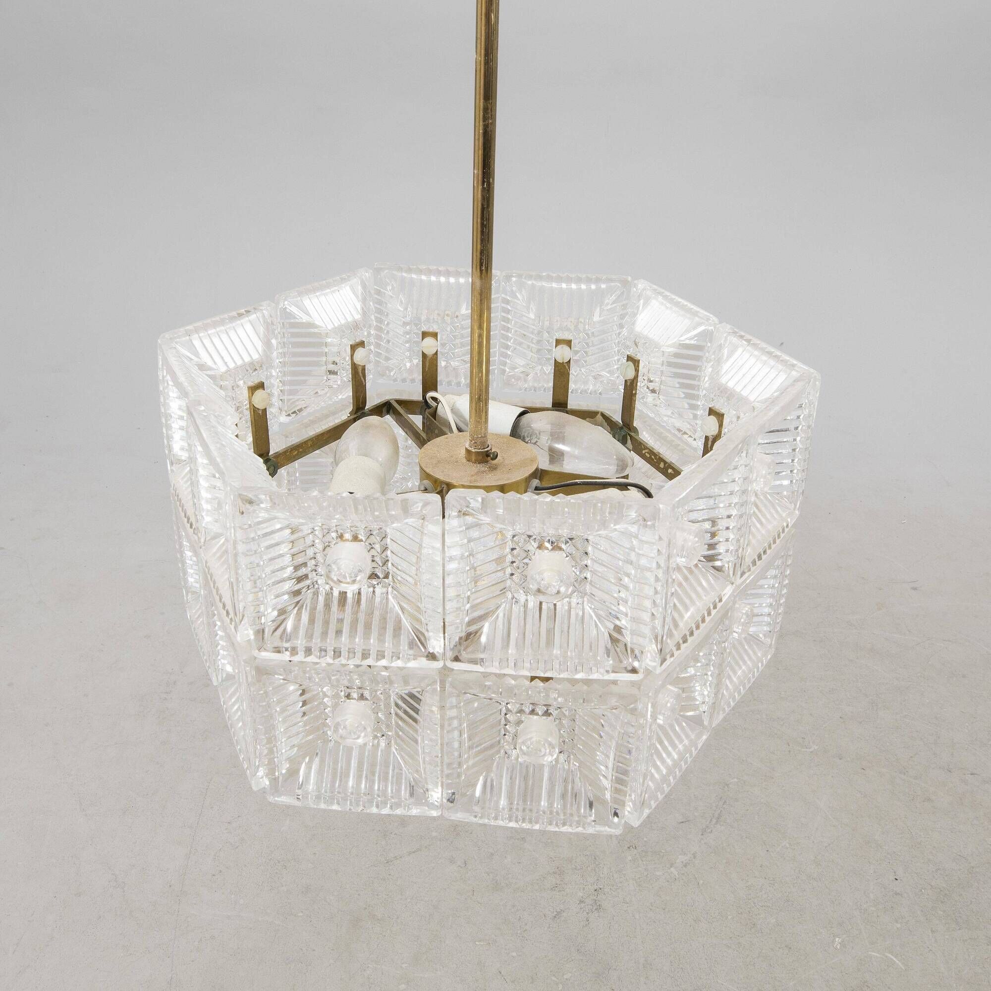 Crystal and brass pendant lamp by Carl Fagerlund for Orrefors, Sweden, 1960.