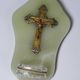 Antique wall-mounted font in green onyx, crucifix in metal and cut glass/crystal.