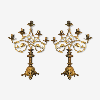 Pair of candlesticks Rocaille in gilded bronze