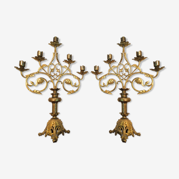 Paire de chandeliers Rocaille en bronze doré