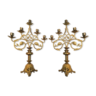 Pair of candlesticks Rocaille in gilded bronze