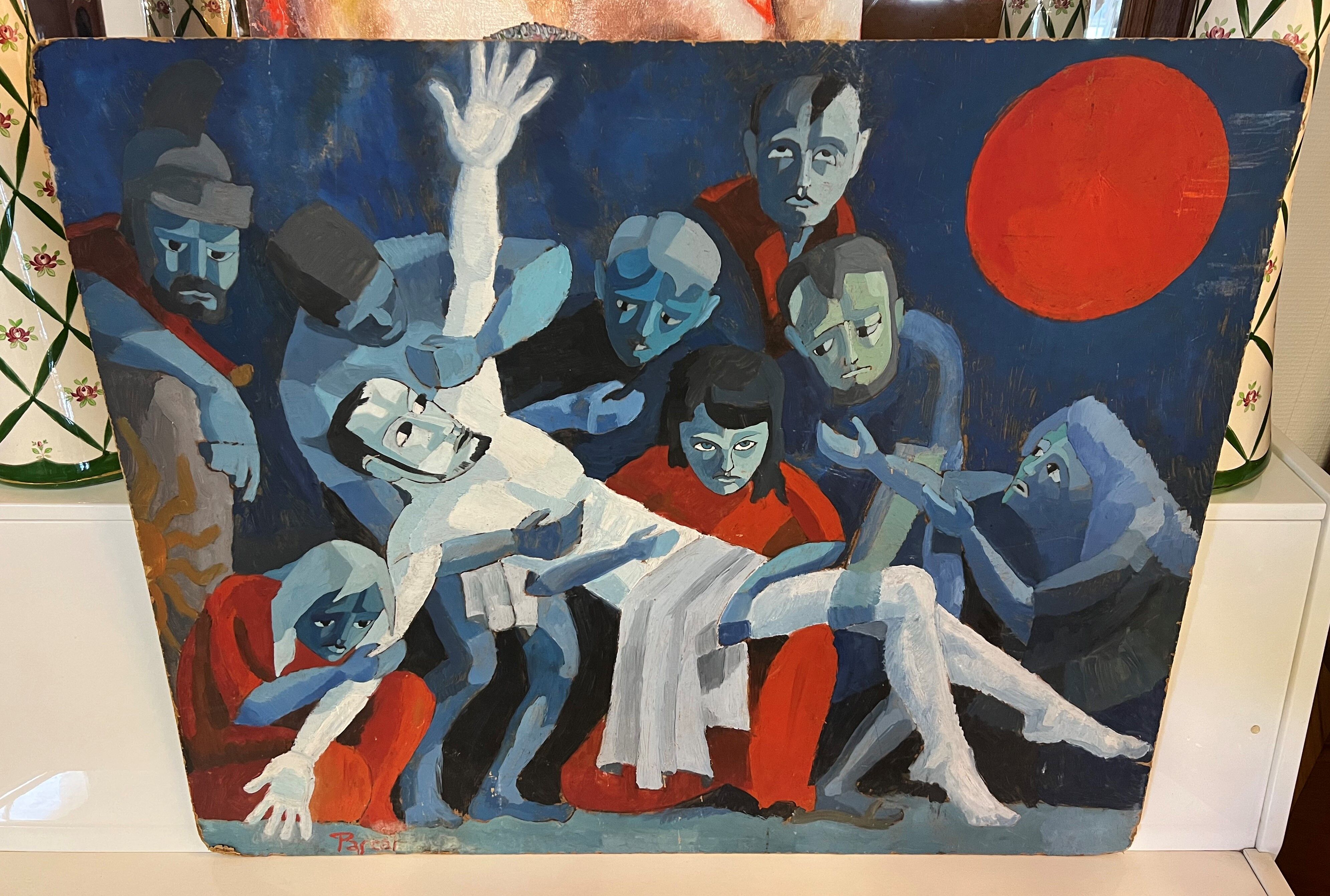 Huile sur panneau: tableau religieux moderniste signé Pascal