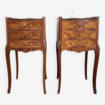 Pair of French bedside tables, Louis XV style, marquetry, 19th century.