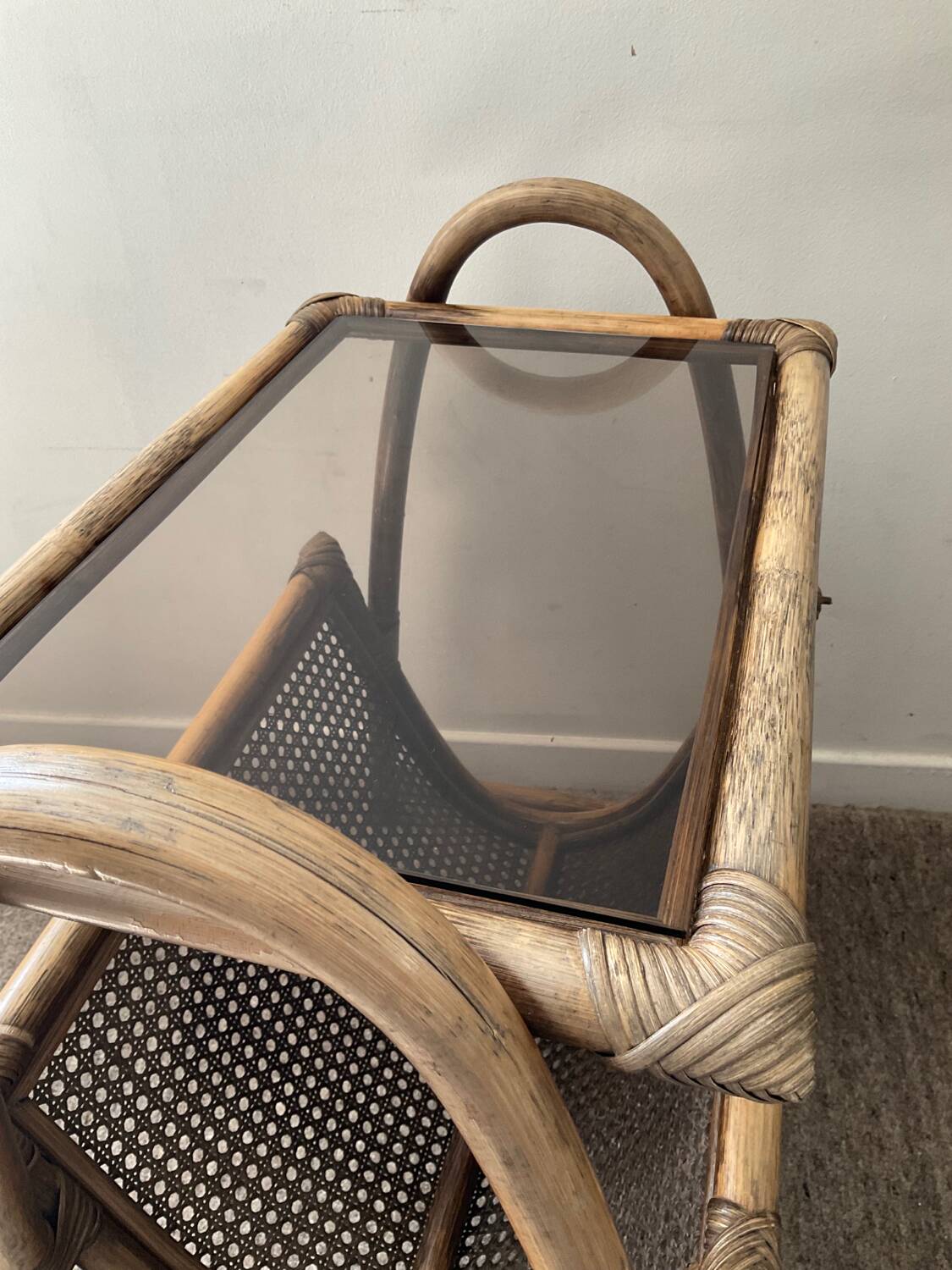 Vintage rattan side table with magazine holder