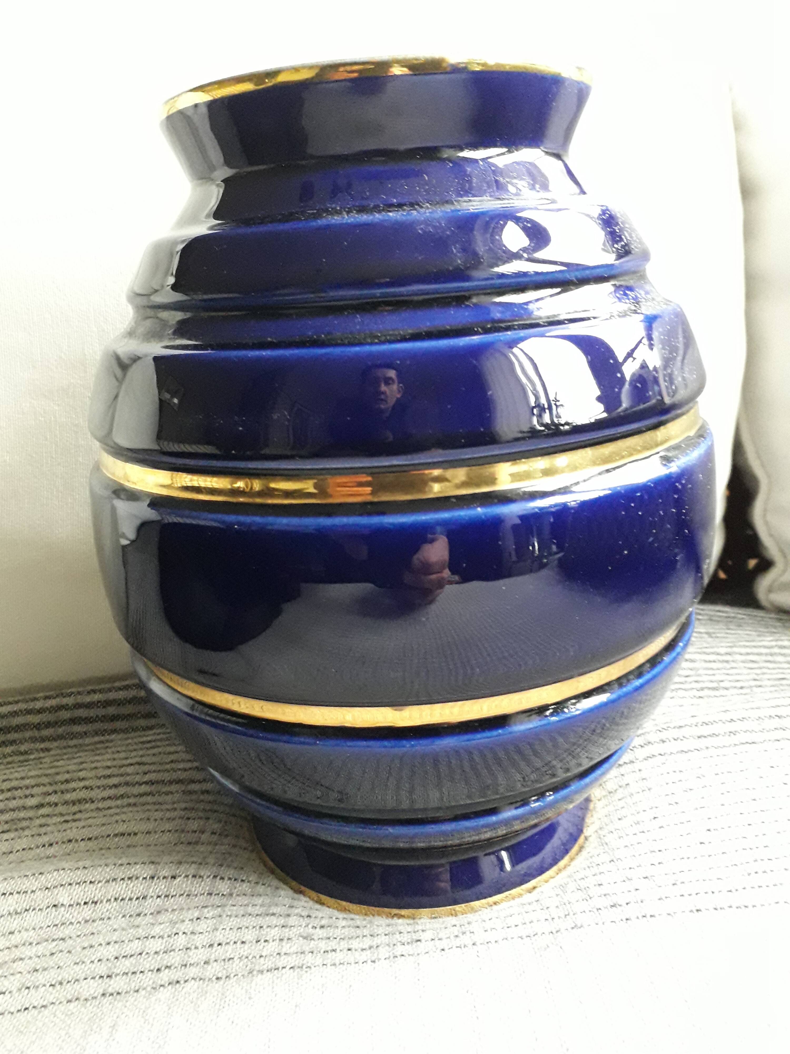 Large vintage blue and gold vase