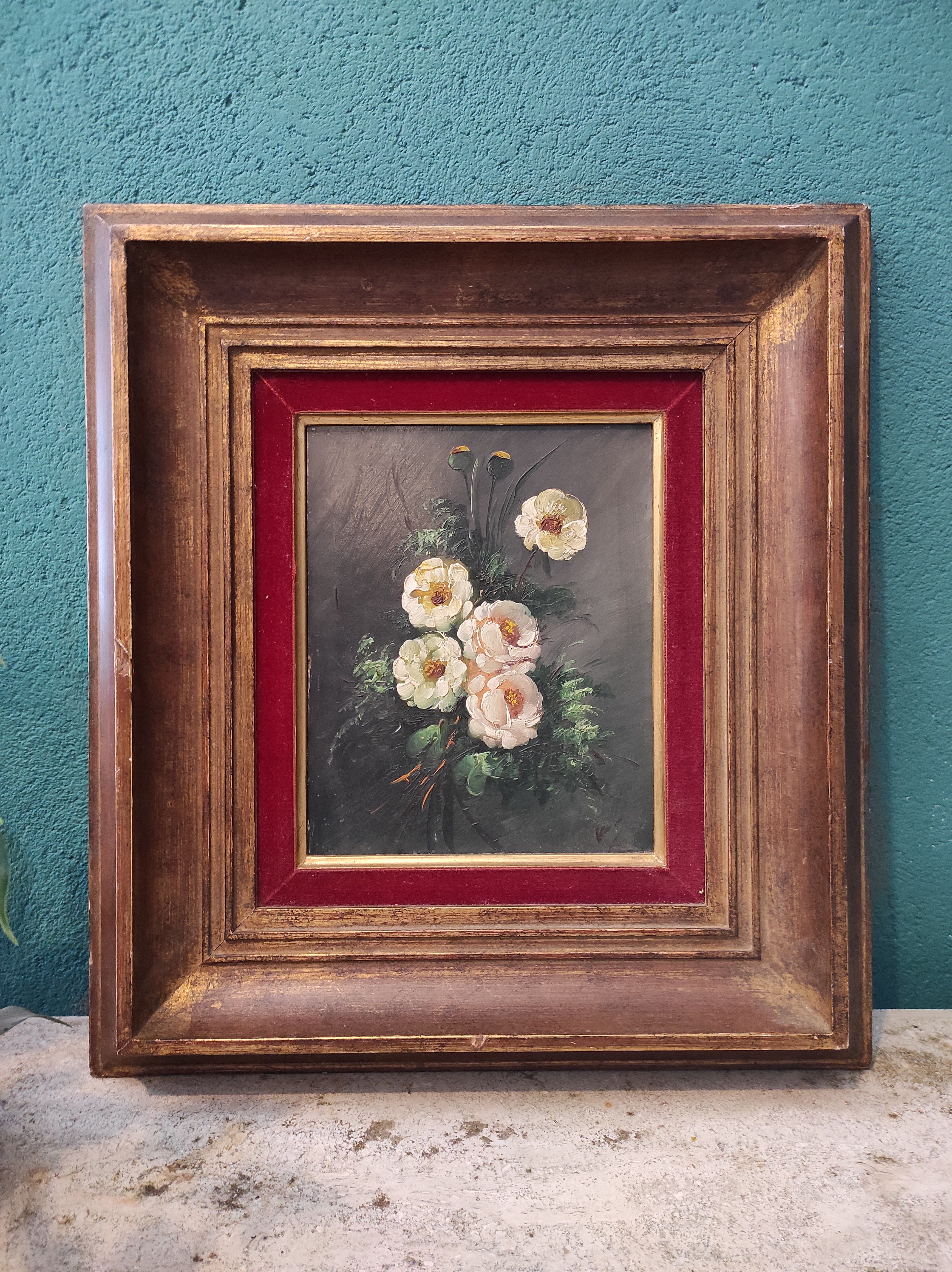 Vintage French oil painting of flowers, signed, on board