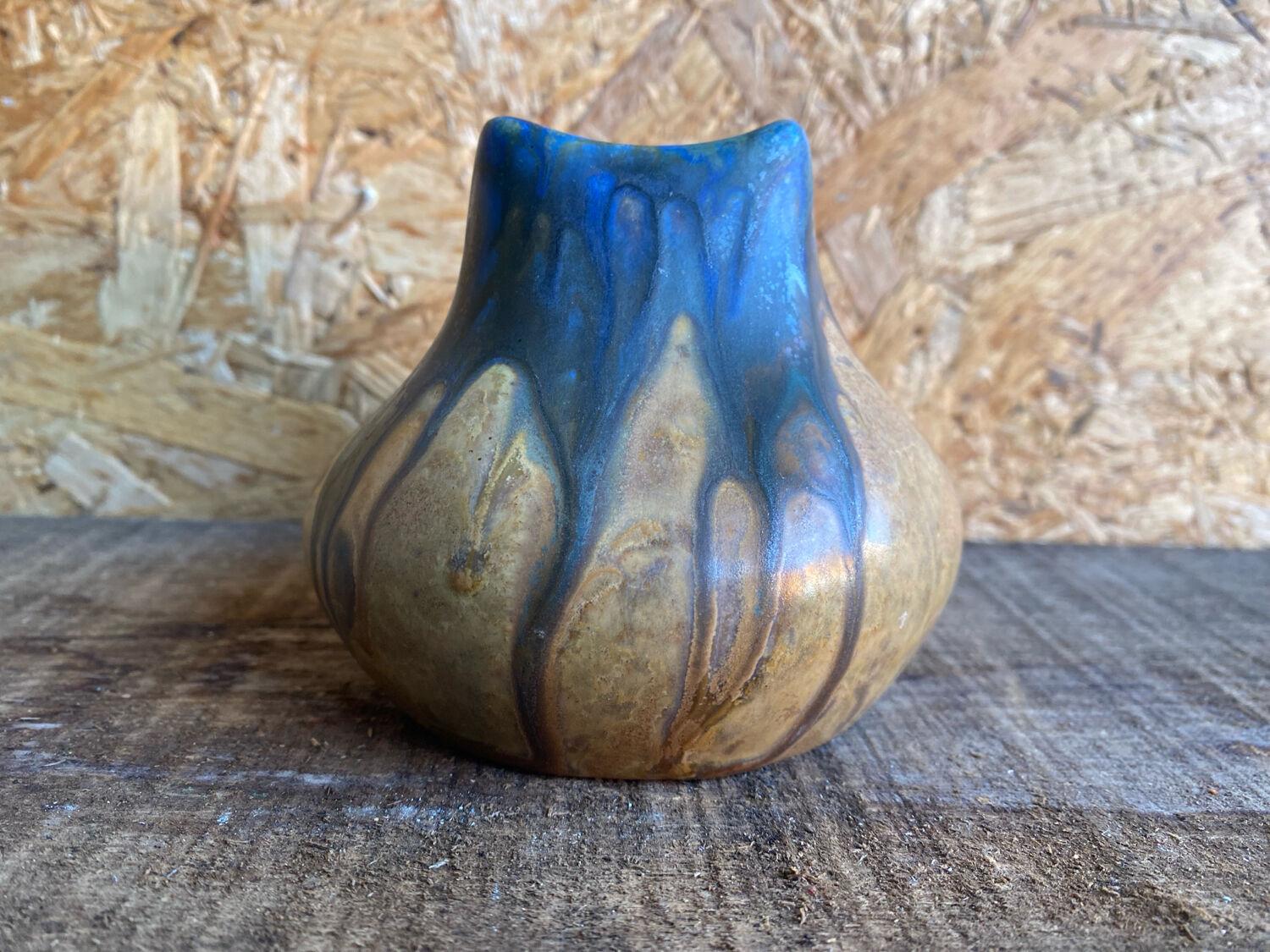 Ancient Vase GILBERT METENIER Beige Stoneware Blue Glazes Vallauris Vintage