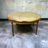 Vintage round coffee table: onyx top & gold brass structure