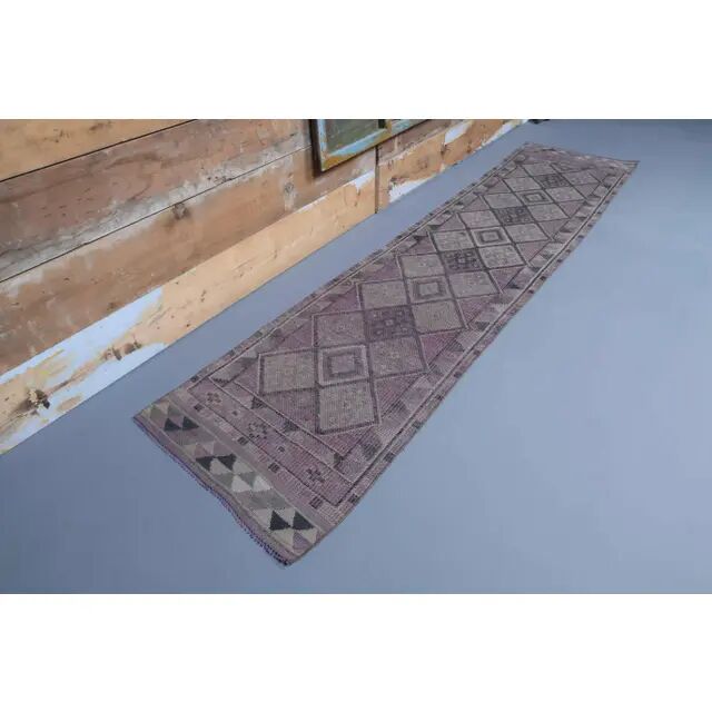 1960s purple lavender natural Turkish hand-knotted runner rug 79x331
