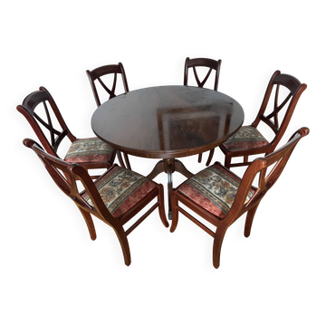 Round mahogany table and beech chairs