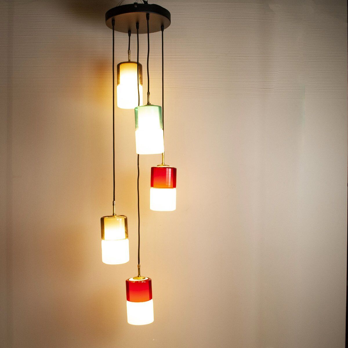 Hanging lamp with five elements in white opaline glass and coloured Murano glass by Putzler Pelill Production, 1960s.