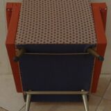 Retro vintage rockabilly armchair in orange faux leather and vintage fabrics
