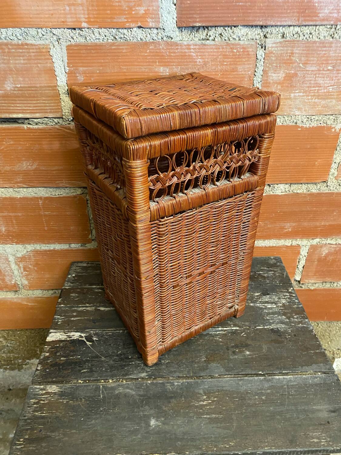 Antique basket, tall wicker woven bread basket, vintage laundry basket