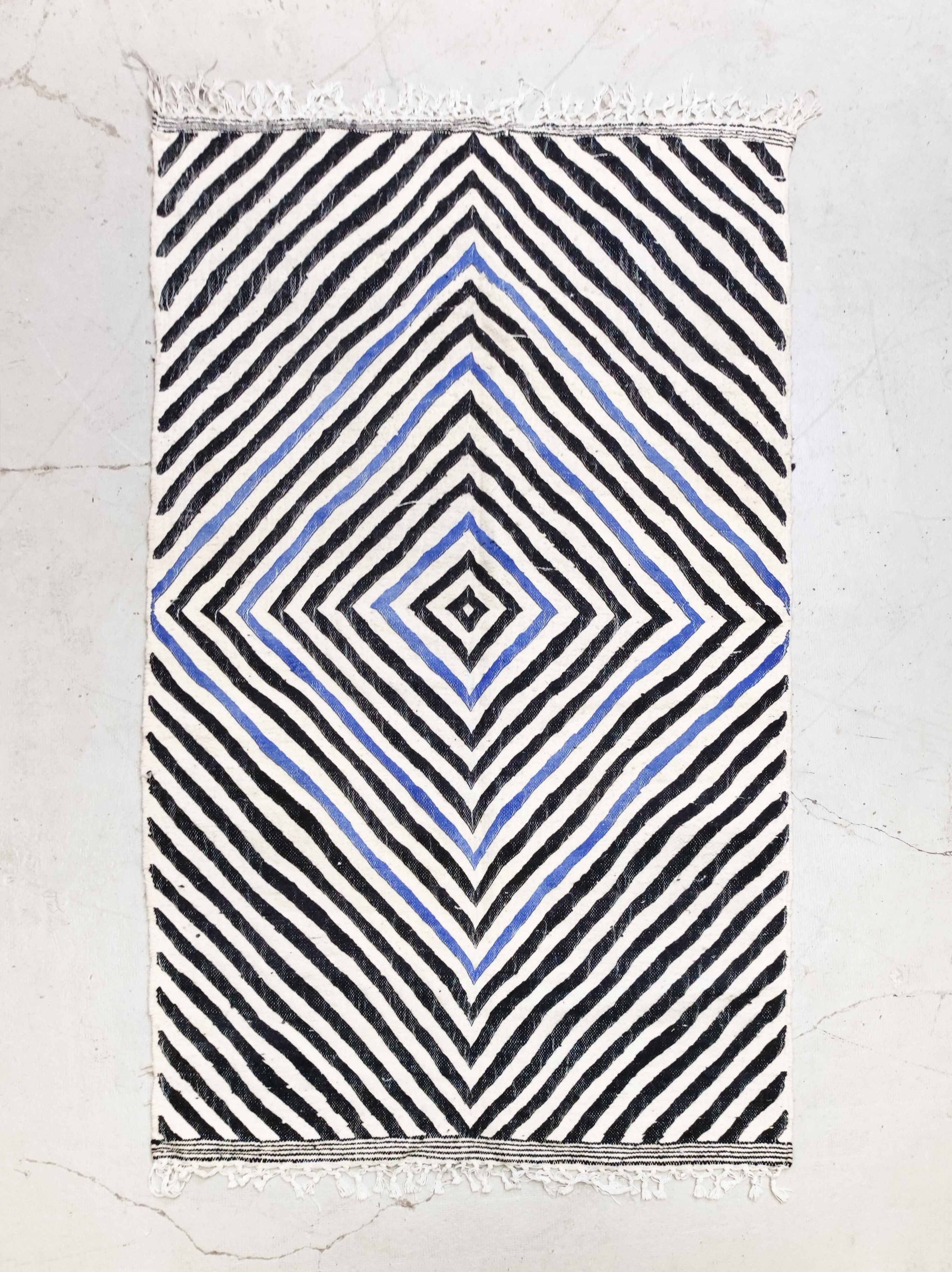 Moroccan Berber kilim blue, black and ecru 2.45x1.43m