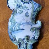 Glazed ceramic bouquetière painted with a lake landscape