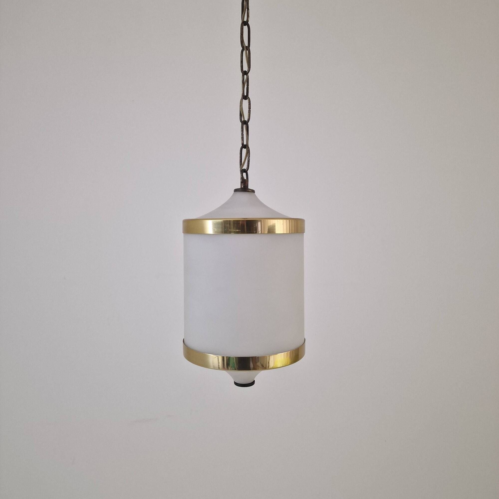 Mid-Century Italian Opaline Glass, Acrylic & Brass Pendant Light – 1960s