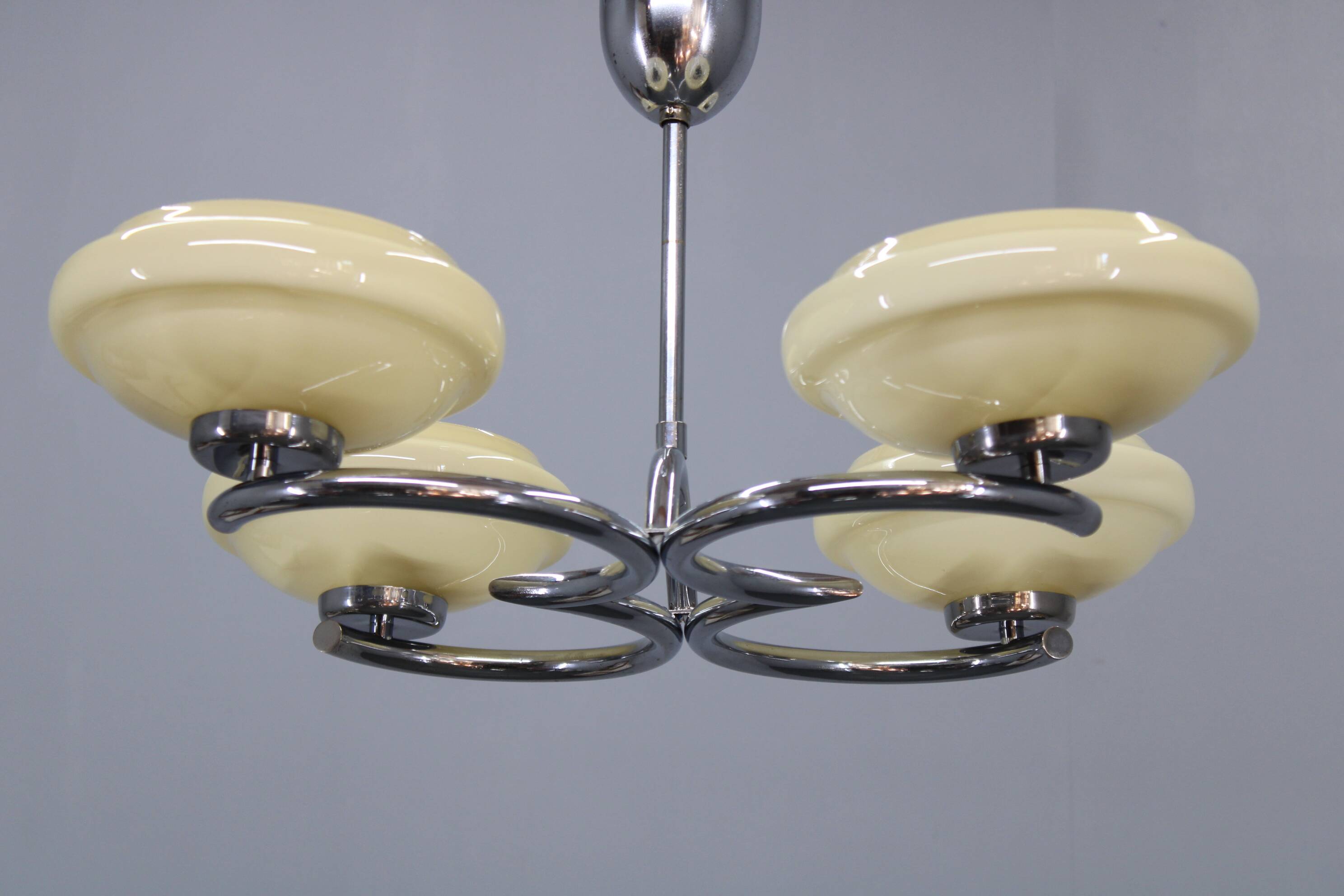 Art Deco chrome chandelier with cream opaline shades, Czechoslovakia, 1940s