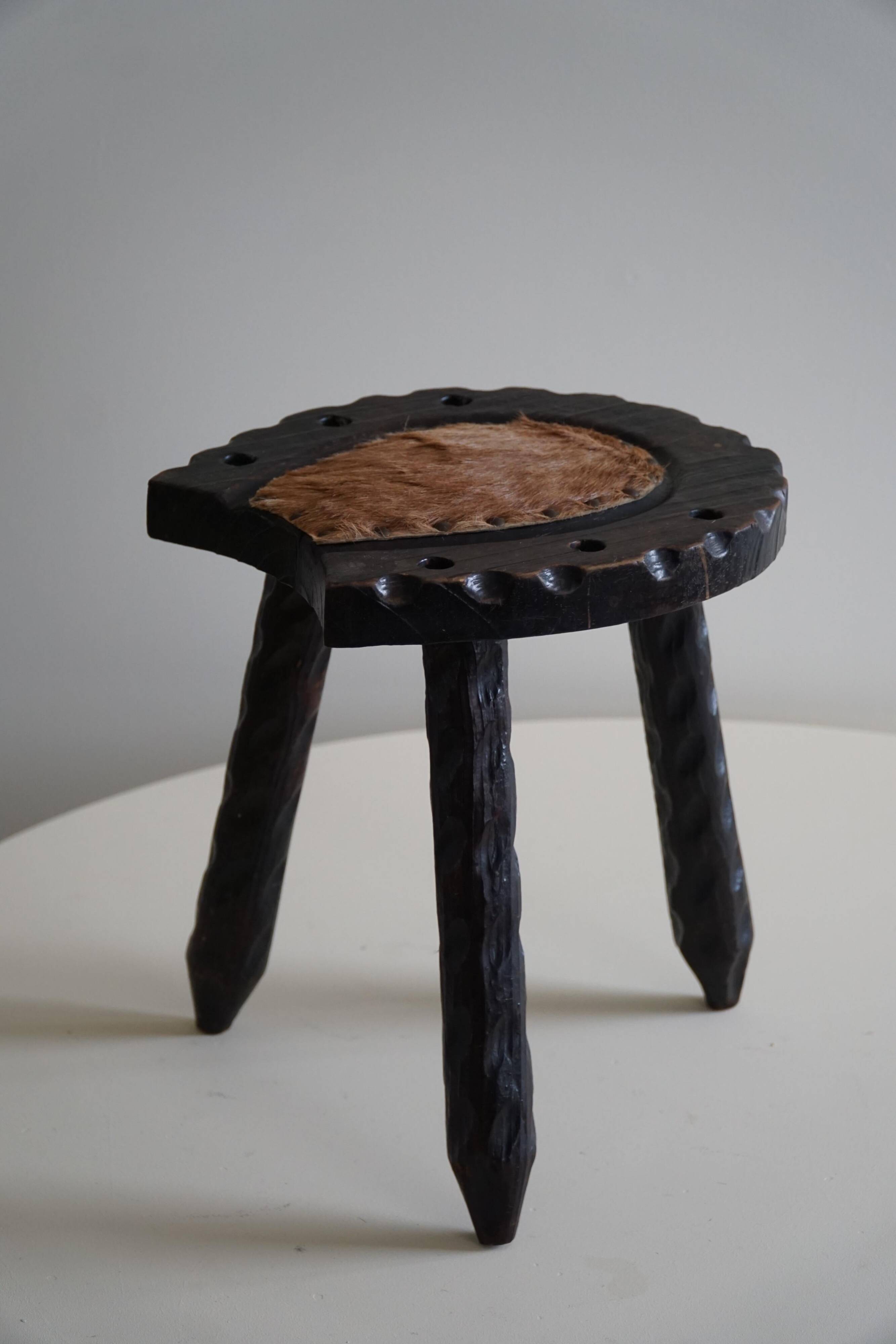 Swedish tripod stool in pine and cowhide, Wabi Sabi, 1950s