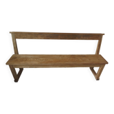 Church bench, bed end in pitch pine with light oak wax finish.