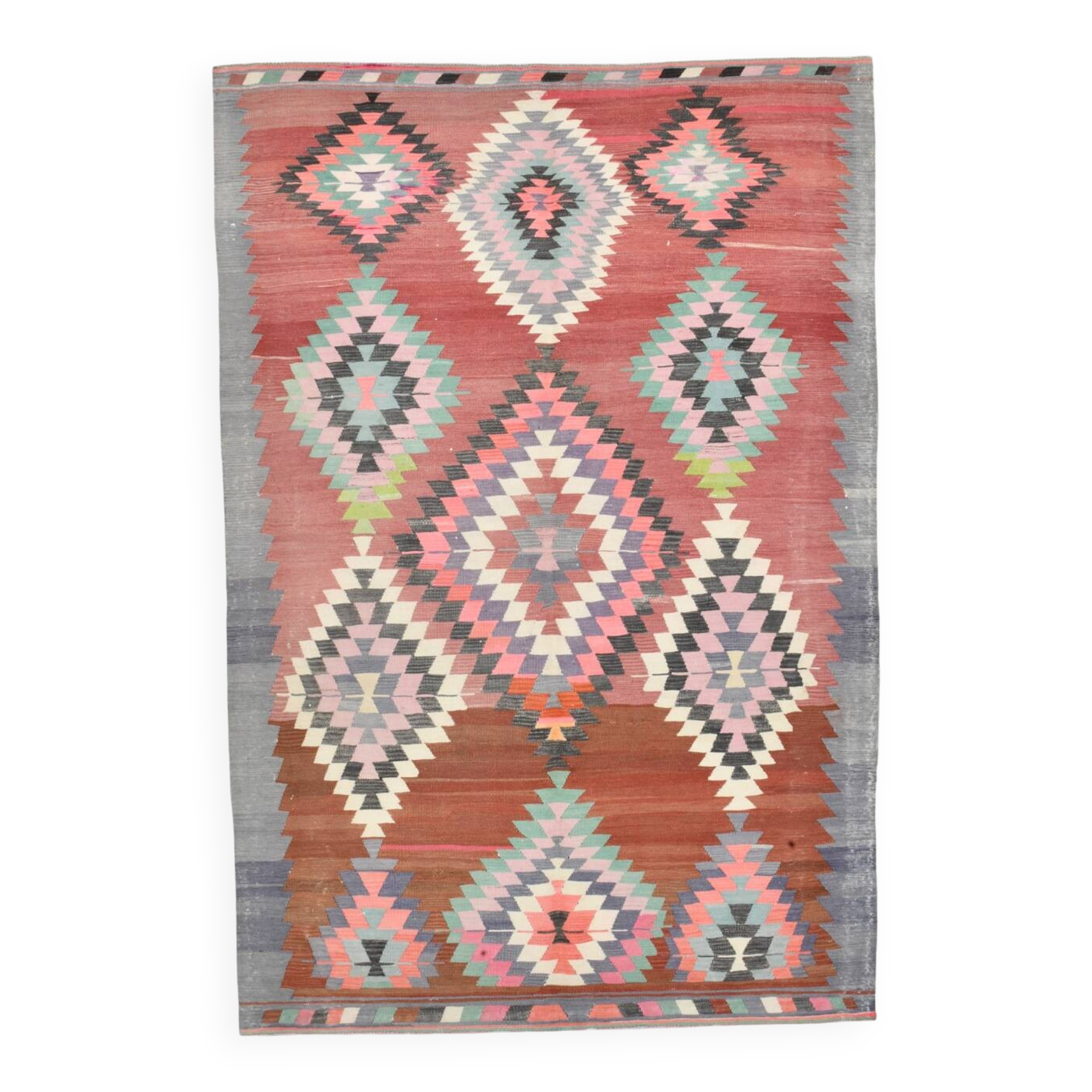 Tapis Kilim géométrique rouge et rose fait main 5x8, 160x238 cm