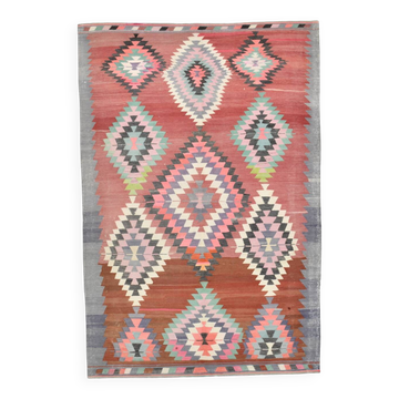 5x8 Red & Pink Handmade Geometric Kilim Area Rug, 160x238Cm