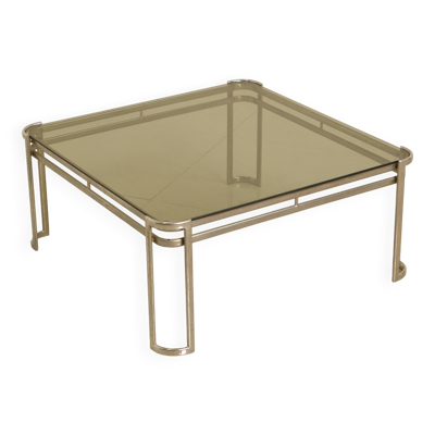 Table basse italienne en métal et verre fumé marron 60's