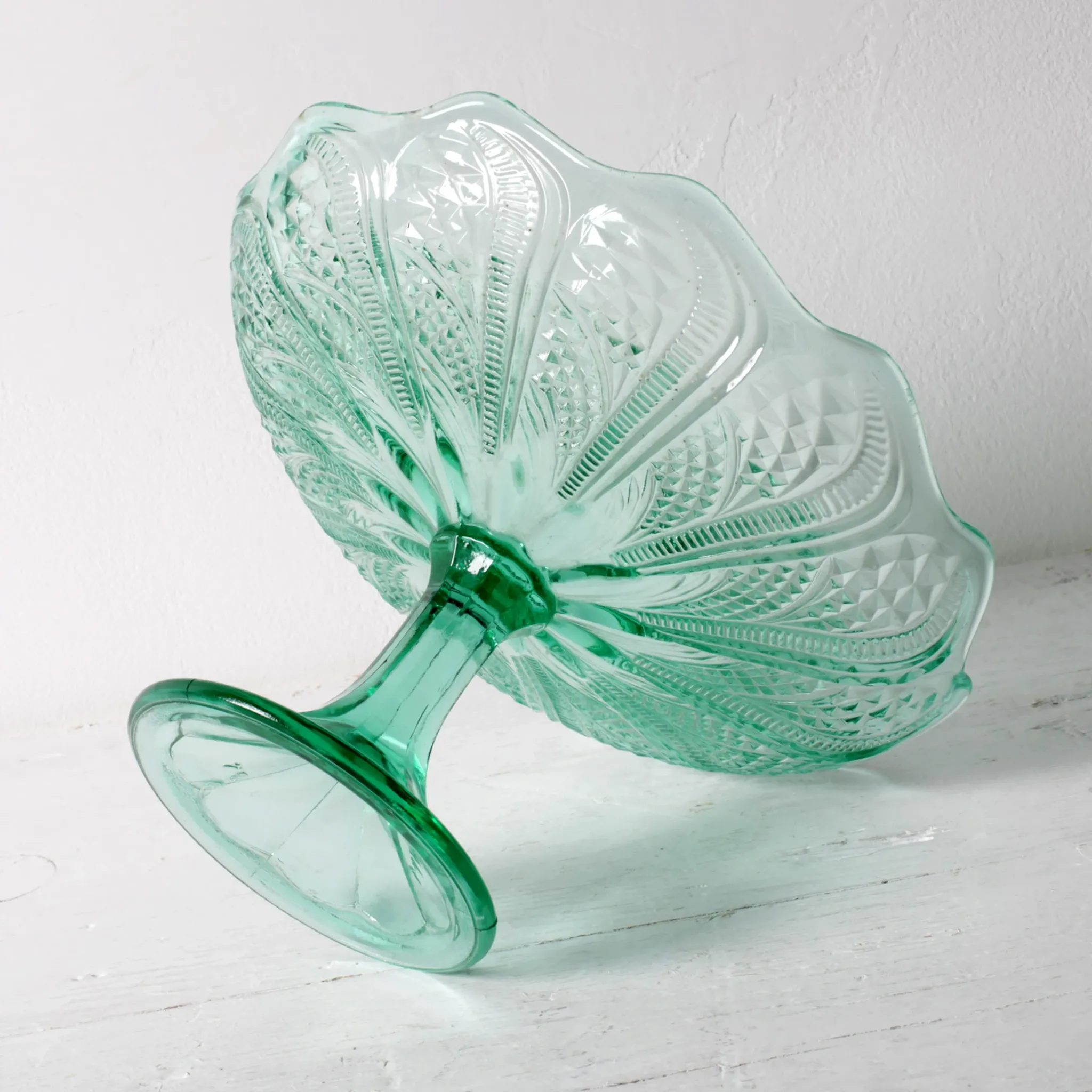 Pressed Glass Pedestal Bowl / Vintage Georgia Green Fruit Bowl / Ukraine /